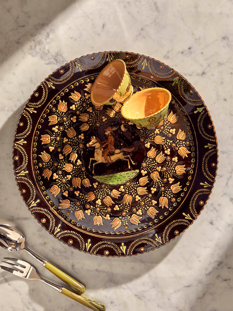 Poterie d’Évires - Horses Hand-Painted Ceramic Extra Large Round Platter - Dark brown - ABASK