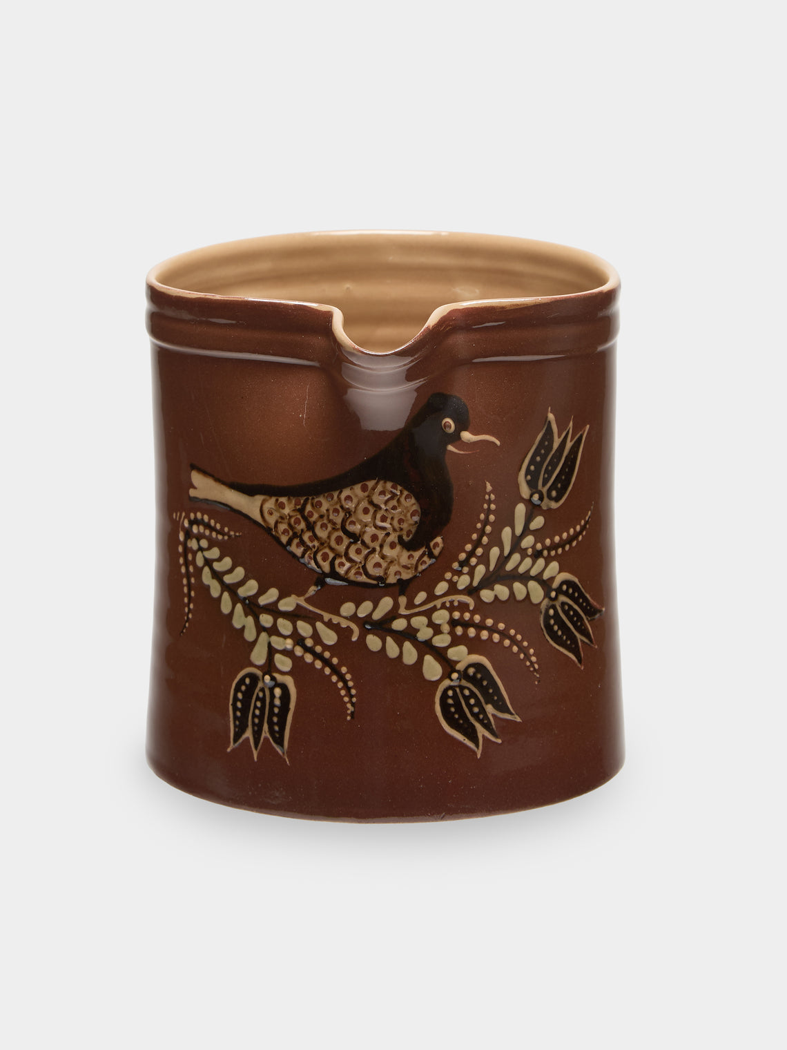 Poterie d’Évires - Birds Hand-Painted Ceramic Straight-Edge Jug (34oz/1L) - Light brown - ABASK