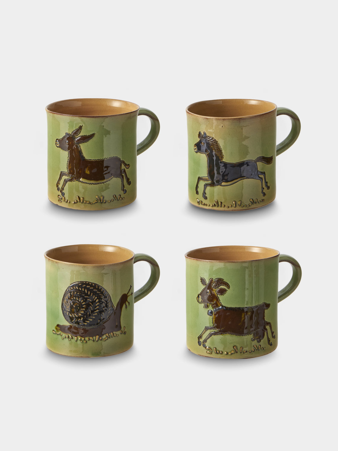 Poterie d’Évires - Animals Hand-Painted Ceramic Mugs (Set of 4) - Green - ABASK - 