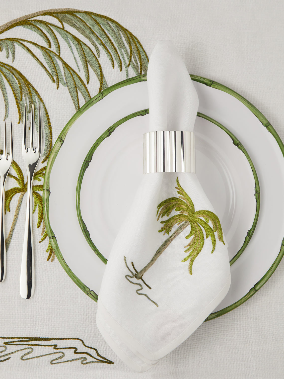 Loretta Caponi - Palm Tree Hand-Embroidered Linen Napkins (Set of 2) -  - ABASK