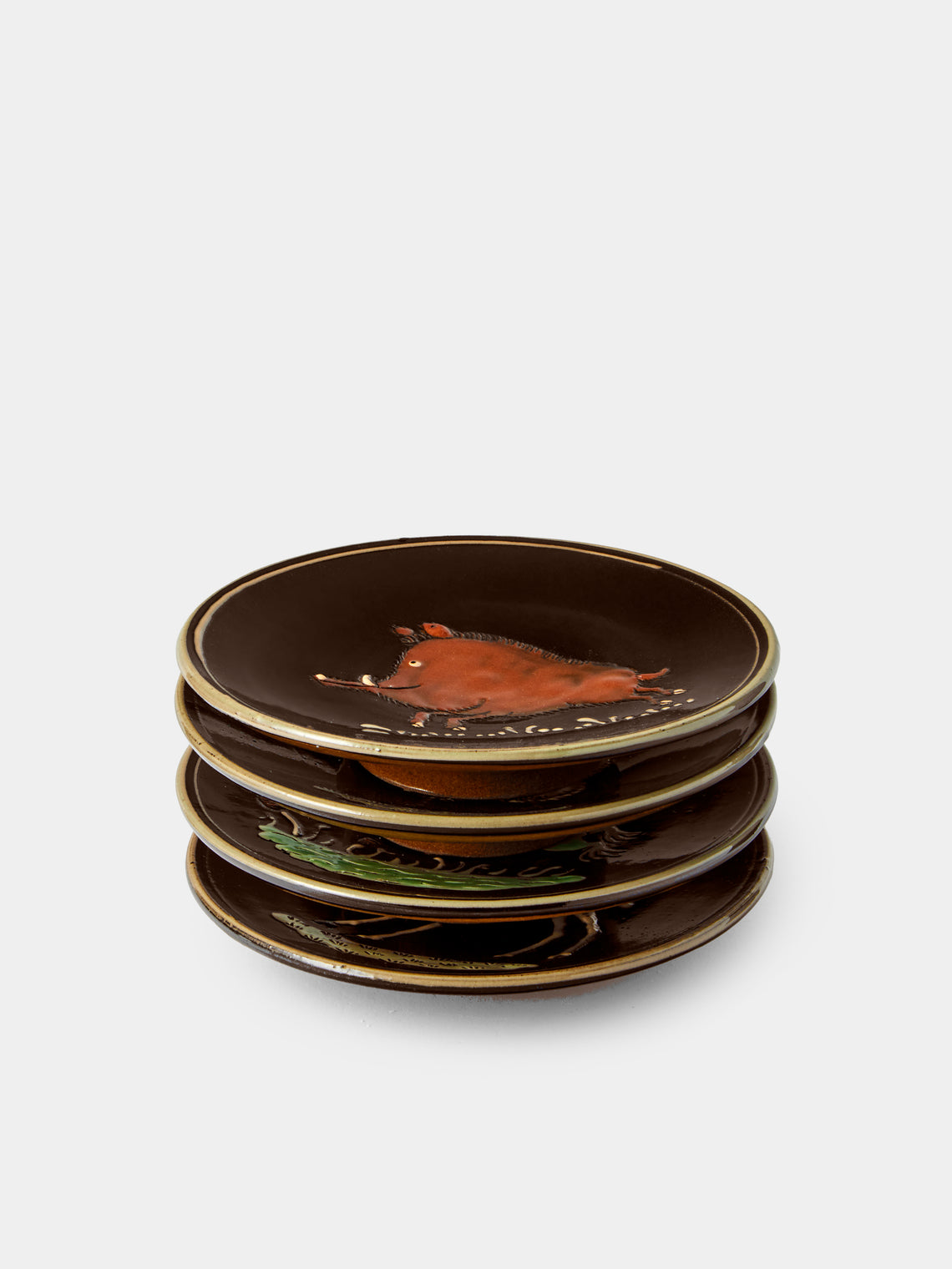 Poterie d’Évires - Animals Hand-Painted Ceramic Plates – 5.5in/14cm (Set of 4) - Dark Brown - ABASK