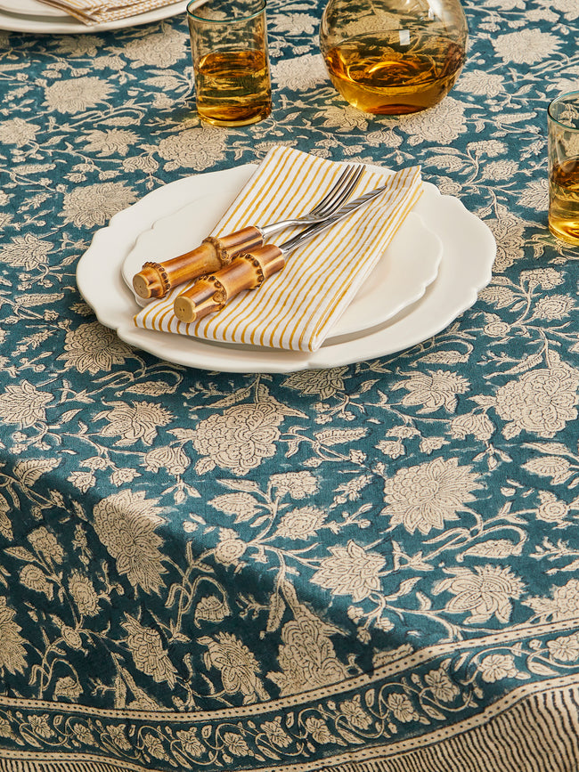 Chamois - Indian Rose Block-Printed Linen Round Tablecloth - Blue - ABASK