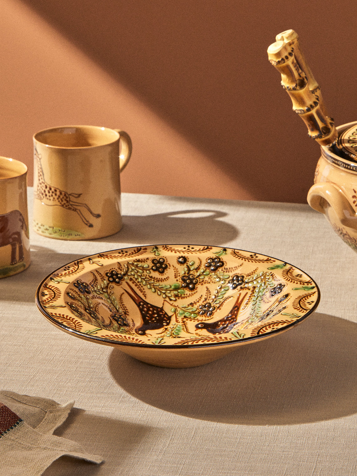 Poterie d’Évires - Birds and Flowers Hand-Painted Ceramic Small Serving Bowl - Cream - ABASK