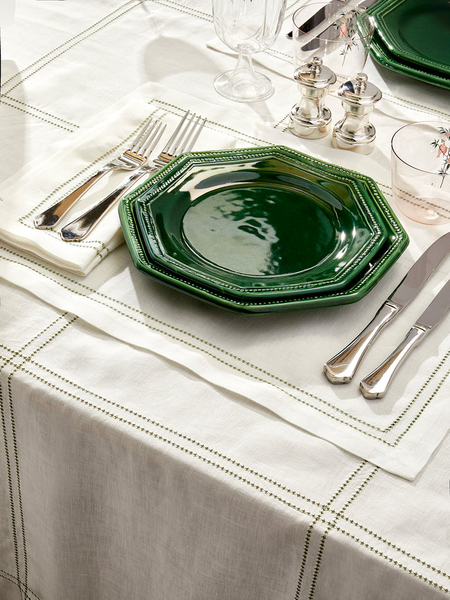 Volga Linen - Botanical Double Hem-Stitch Linen Check Rectangular Tablecloth (110in/2.8m) - White - ABASK
