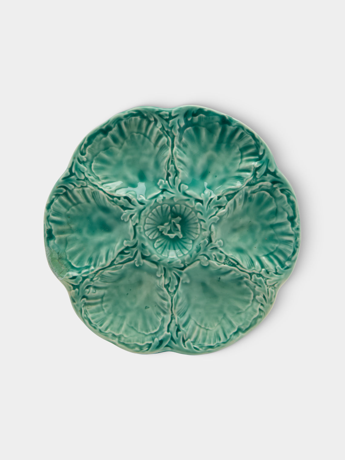 Antique and Vintage - Mid-Century Cabbage Majolica Ceramic Oyster Plates – 9.5in/24cm (Set of 10) - Green - ABASK