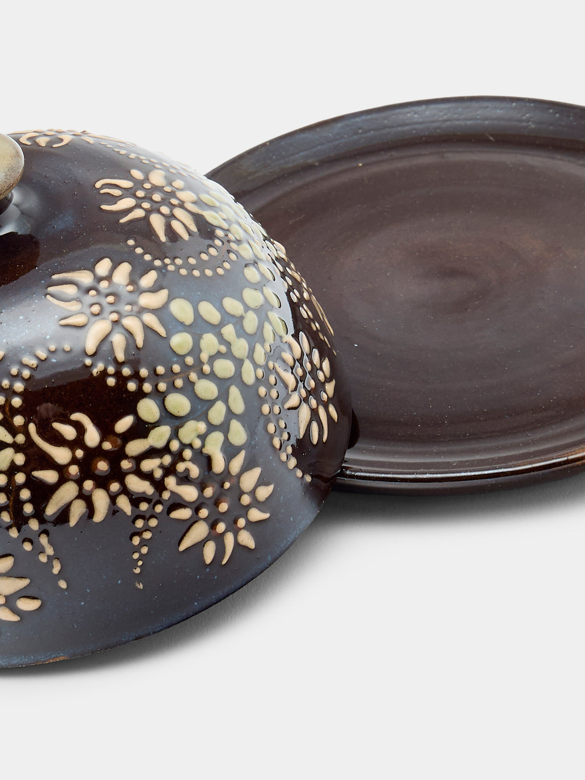 Poterie d’Évires - Flowers Hand-Painted Ceramic Small Butter Dish - Dark brown - ABASK