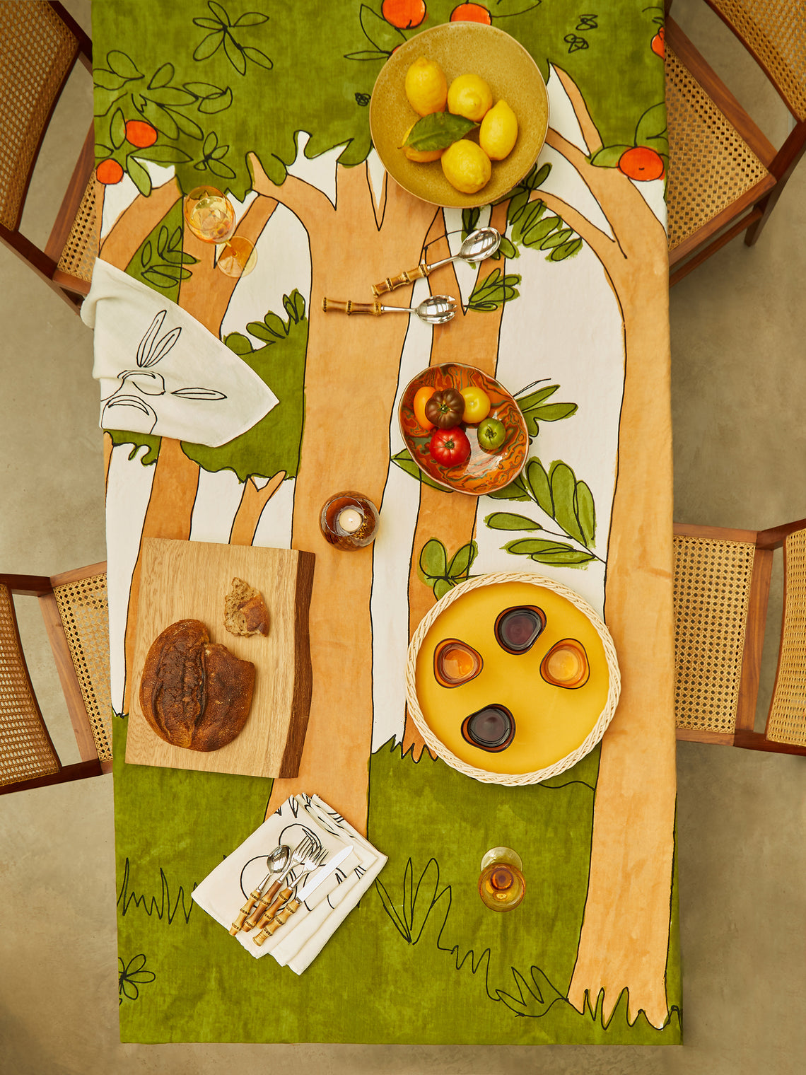 Stamperia Bertozzi - Orange Trees Hand-Painted Linen Rectangular Tablecloth -  - ABASK