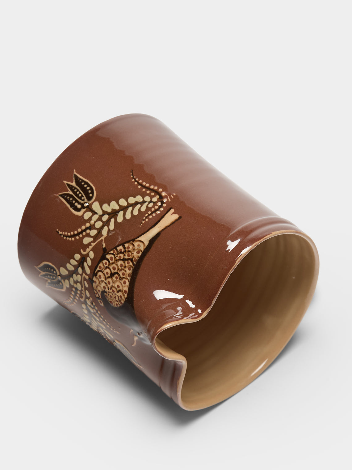 Poterie d’Évires - Birds Hand-Painted Ceramic Straight-Edge Jug (34oz/1L) - Light brown - ABASK