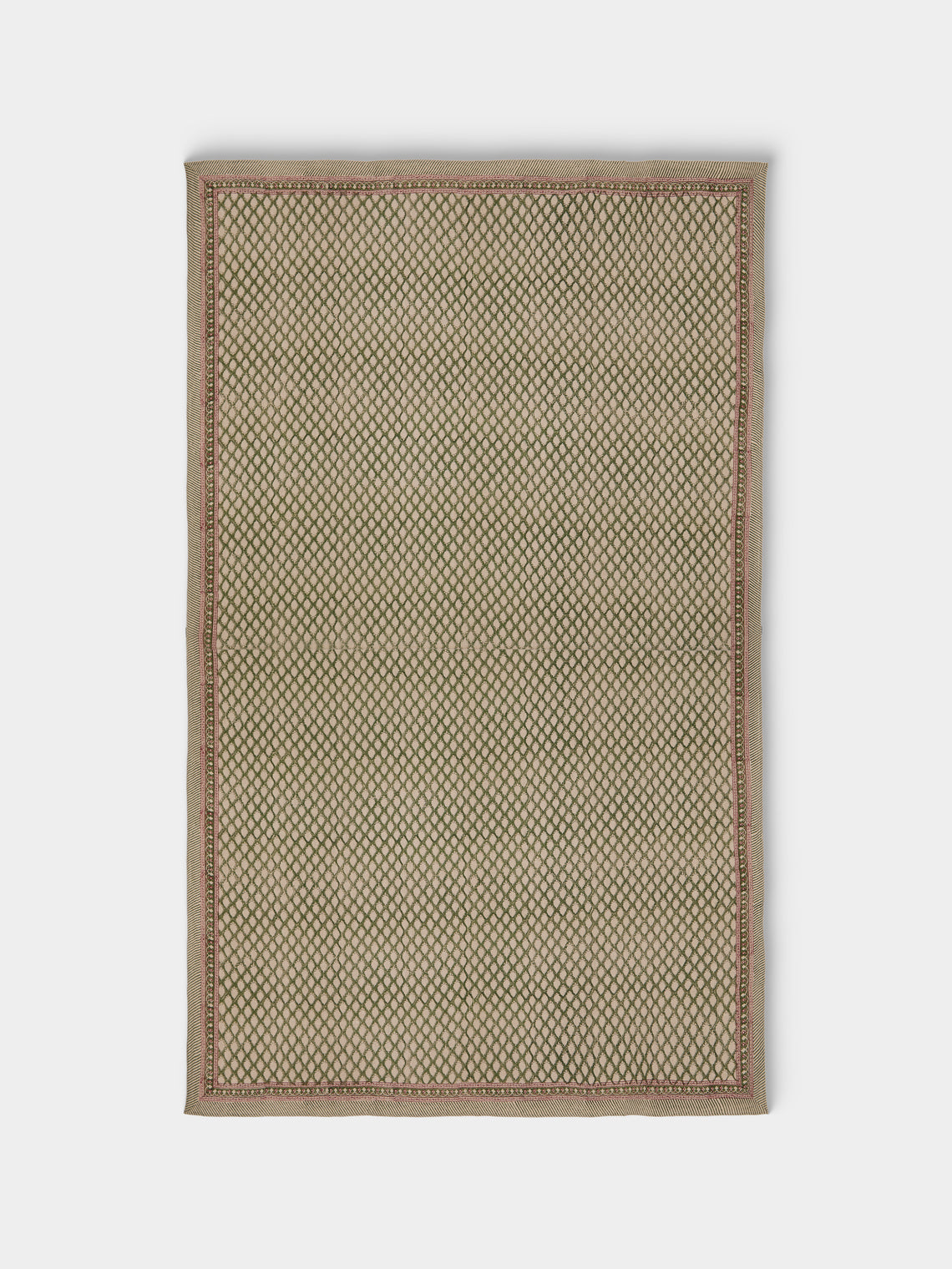 Chamois - Cypress Block-Printed Linen Rectangular Tablecloth (138in/3.5m) - Green - ABASK