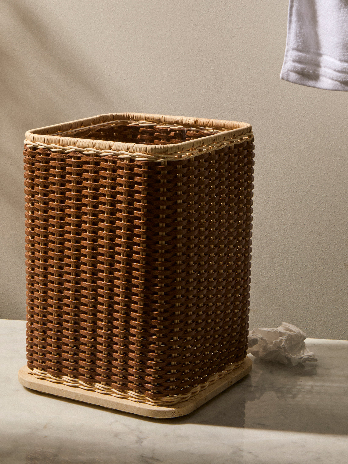 Pigment France - Albi Leather, Rattan and Travertine Wastepaper Basket - Brown - ABASK