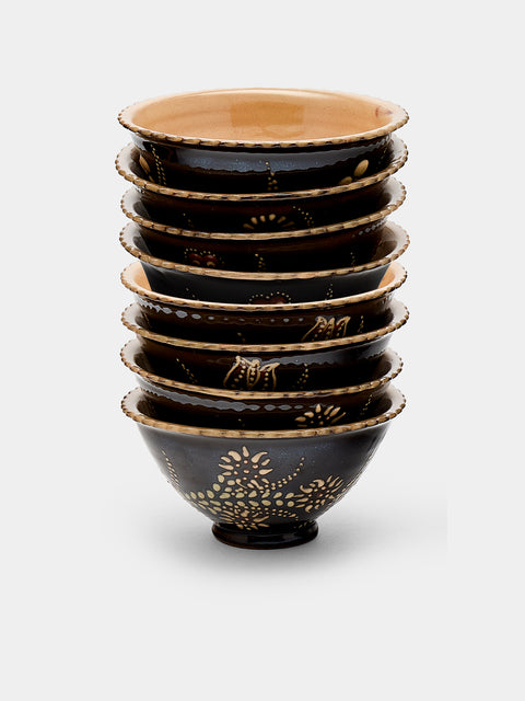 Poterie d’Évires - Flowers Hand-Painted Ceramic Small Fluted Bowls (Set of 8) - Dark brown - ABASK - 