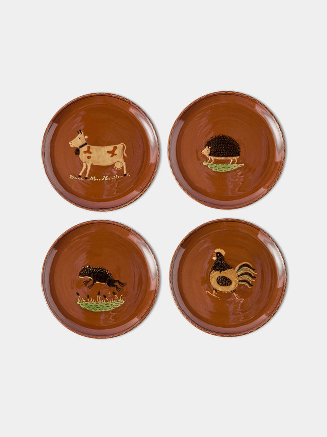 Poterie d’Évires - Animals Hand-Painted Ceramic Dinner Plates – 9.5in/24cm (Set of 4) - Light Brown - ABASK - 