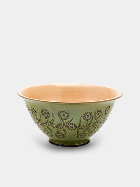 Poterie d’Évires - Flowers Hand-Painted Ceramic Large Serving Bowl - Green - ABASK - 
