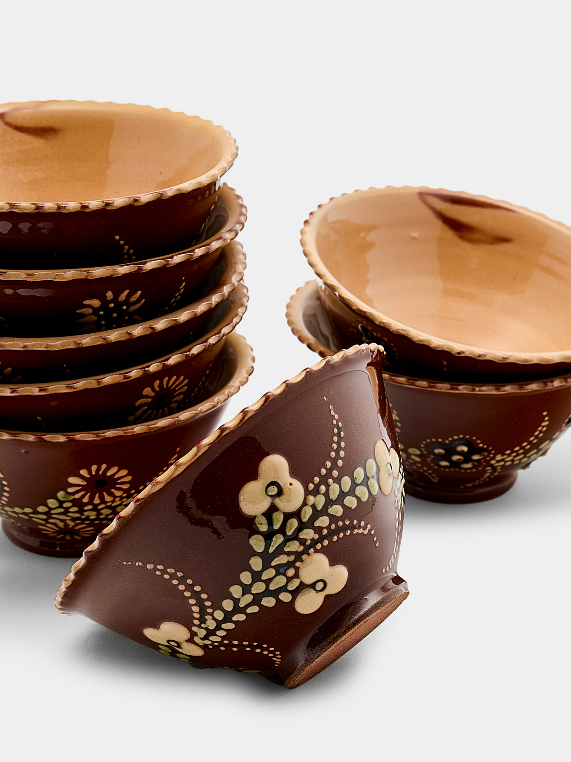 Poterie d’Évires - Flowers Hand-Painted Ceramic Small Fluted Bowls (Set of 8) - Light brown - ABASK
