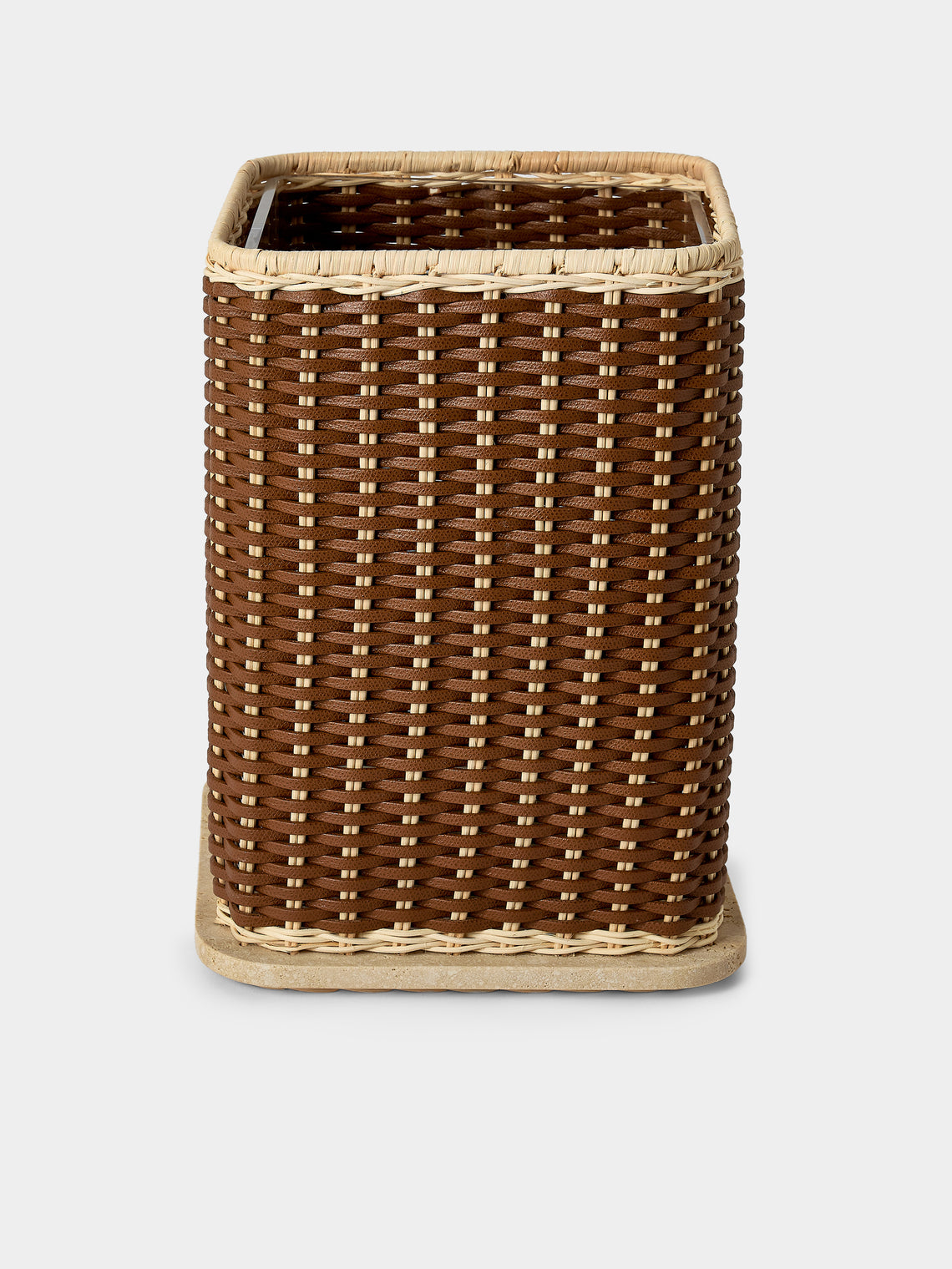 Pigment France - Albi Leather, Rattan and Travertine Wastepaper Basket - Brown - ABASK - 