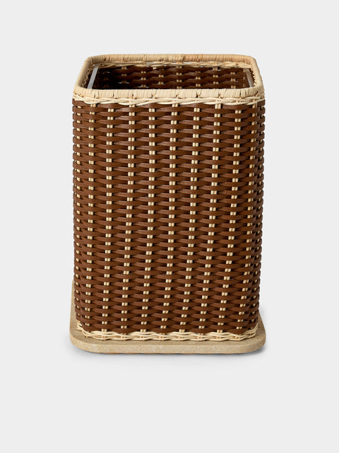Pigment France - Albi Leather, Rattan and Travertine Wastepaper Basket - Brown - ABASK - 
