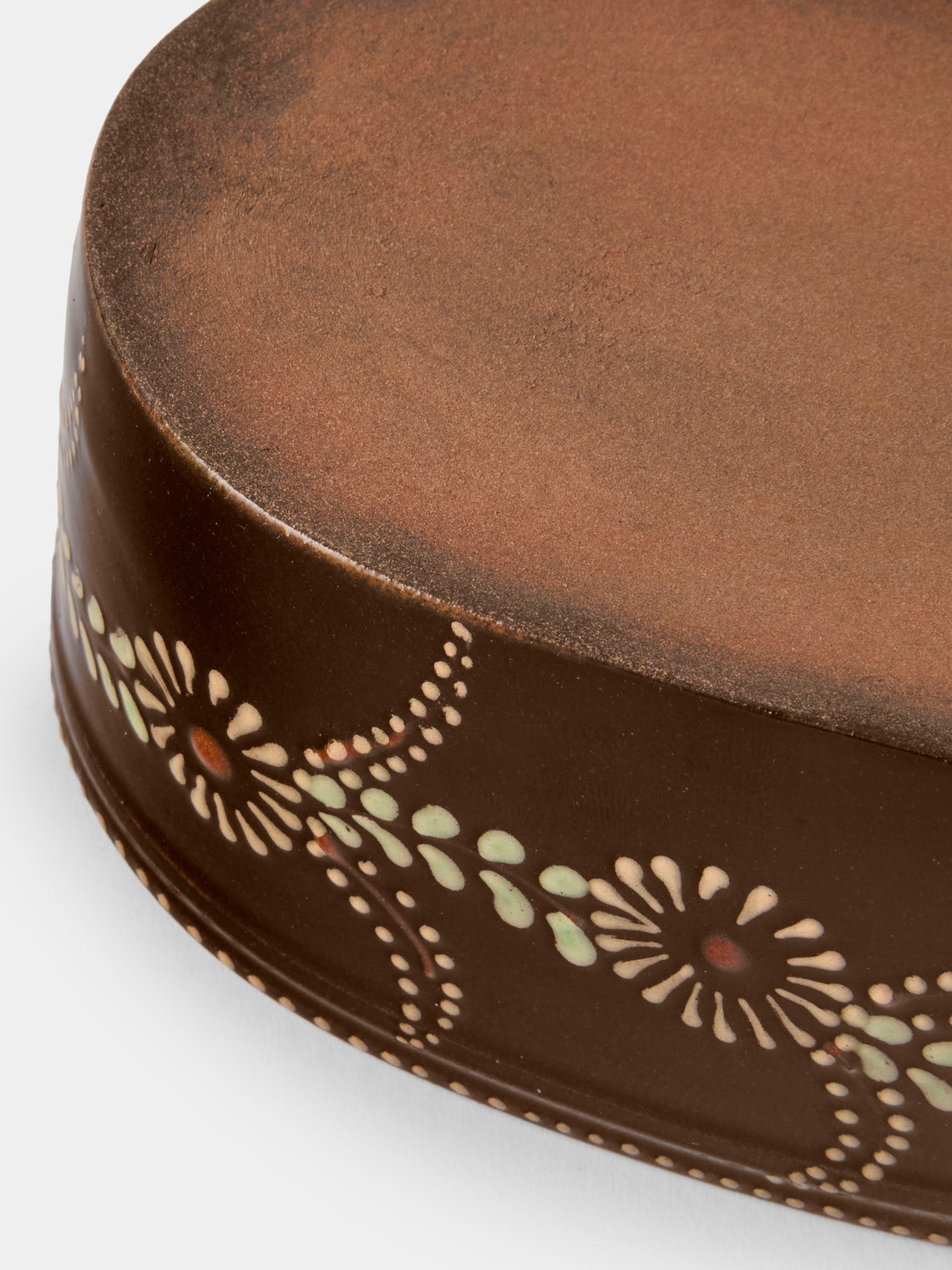 Poterie d’Évires - Flowers Hand-Painted Ceramic Mini Oval Dish - Dark Brown - ABASK
