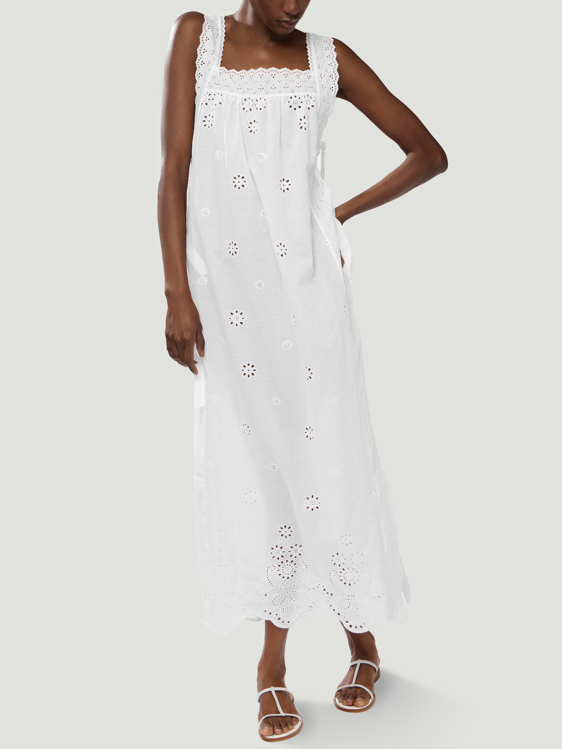 Loretta Caponi - Fiocco Embroidered Cotton Long Dress - White - ABASK