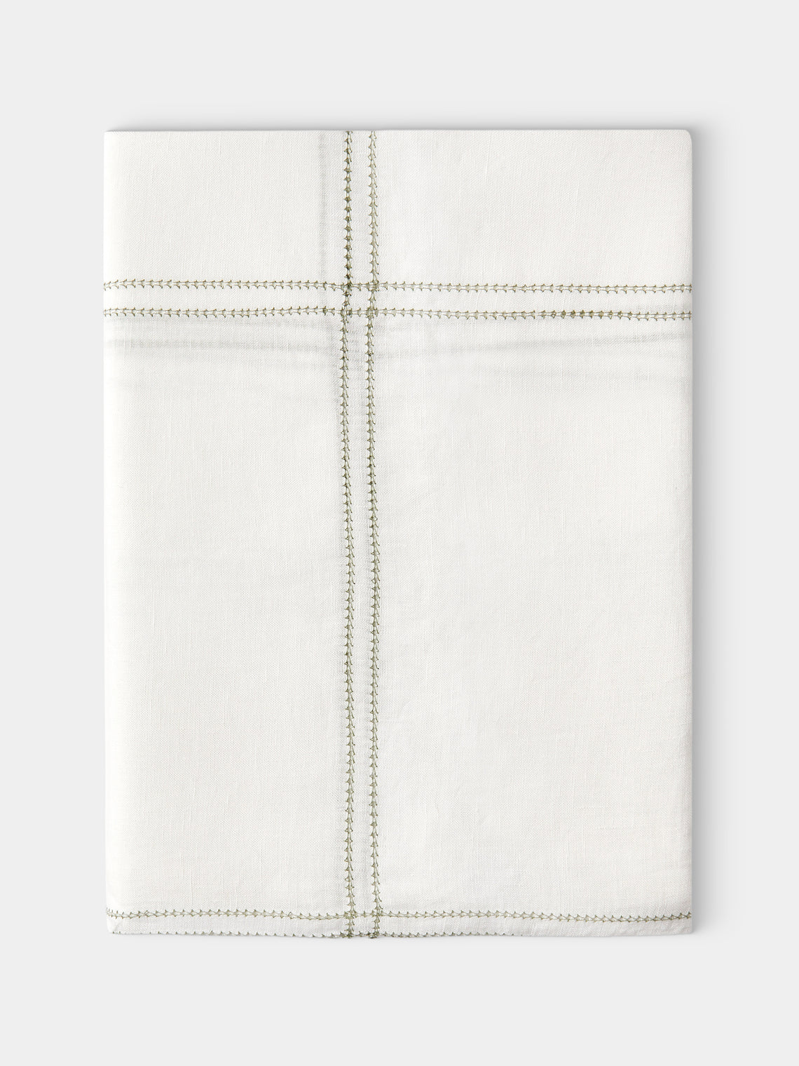 Volga Linen - Botanical Double Hem-Stitch Linen Check Round Tablecloth (86.5in/2.2m) - White - ABASK