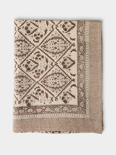 Chamois - Jaipur Block-Printed Linen Rectangular Tablecloth (138in/3.5m) - Brown - ABASK - 