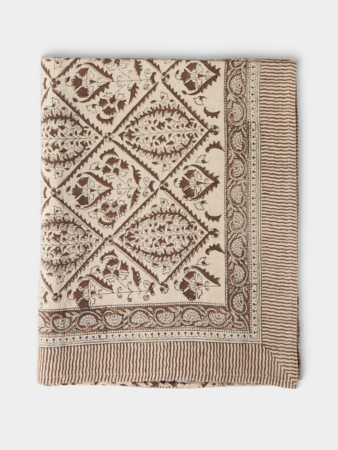 Chamois - Jaipur Block-Printed Linen Rectangular Tablecloth (138in/3.5m) - Brown - ABASK - 