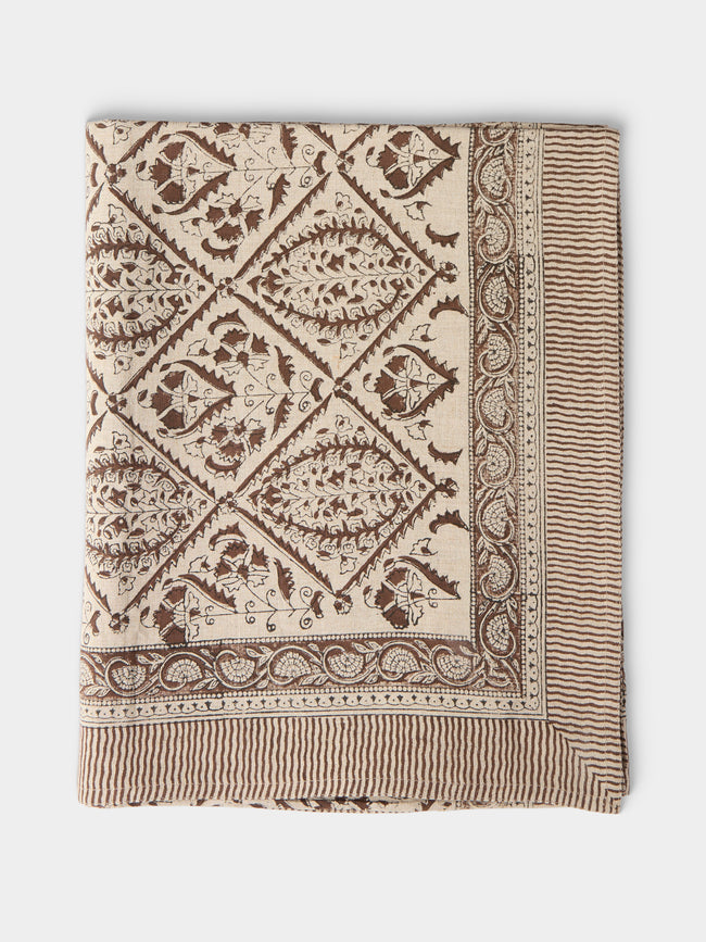 Chamois - Jaipur Block-Printed Linen Rectangular Tablecloth (138in/3.5m) - Brown - ABASK - 