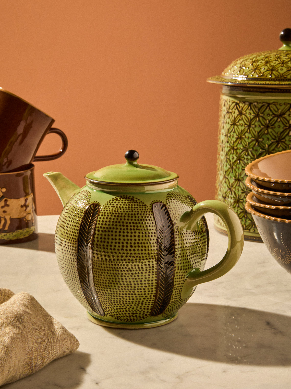Poterie d’Évires - Stripes and Dots Hand-Painted Ceramic Large Teapot - Green - ABASK