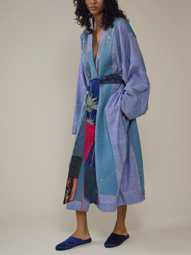 By Walid - 1920s Chinese Embroidered Silk Robe | One Size - Blue - ABASK