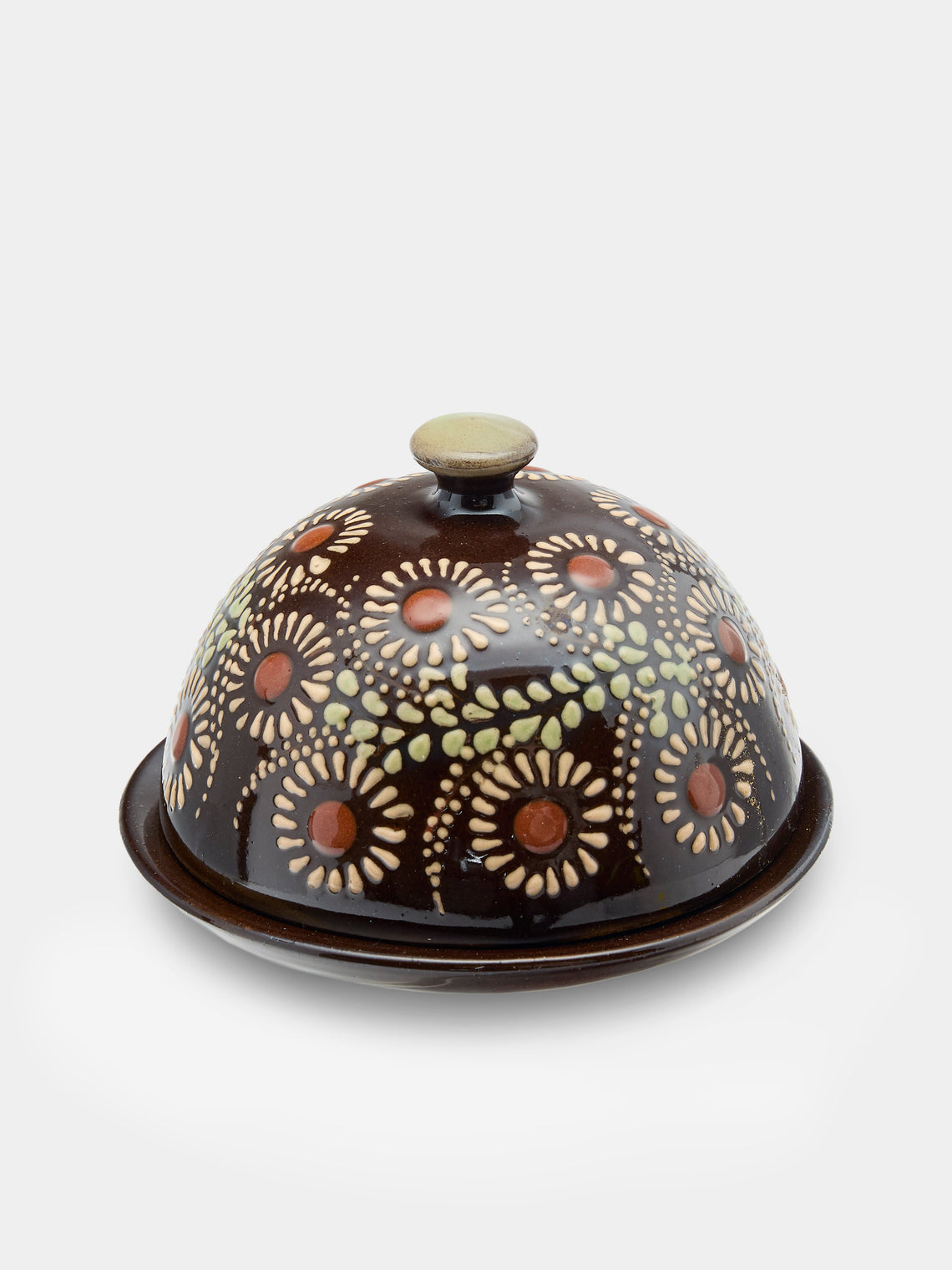 Poterie d’Évires - Flowers Hand-Painted Ceramic Small Butter Dish - Dark brown - ABASK - 