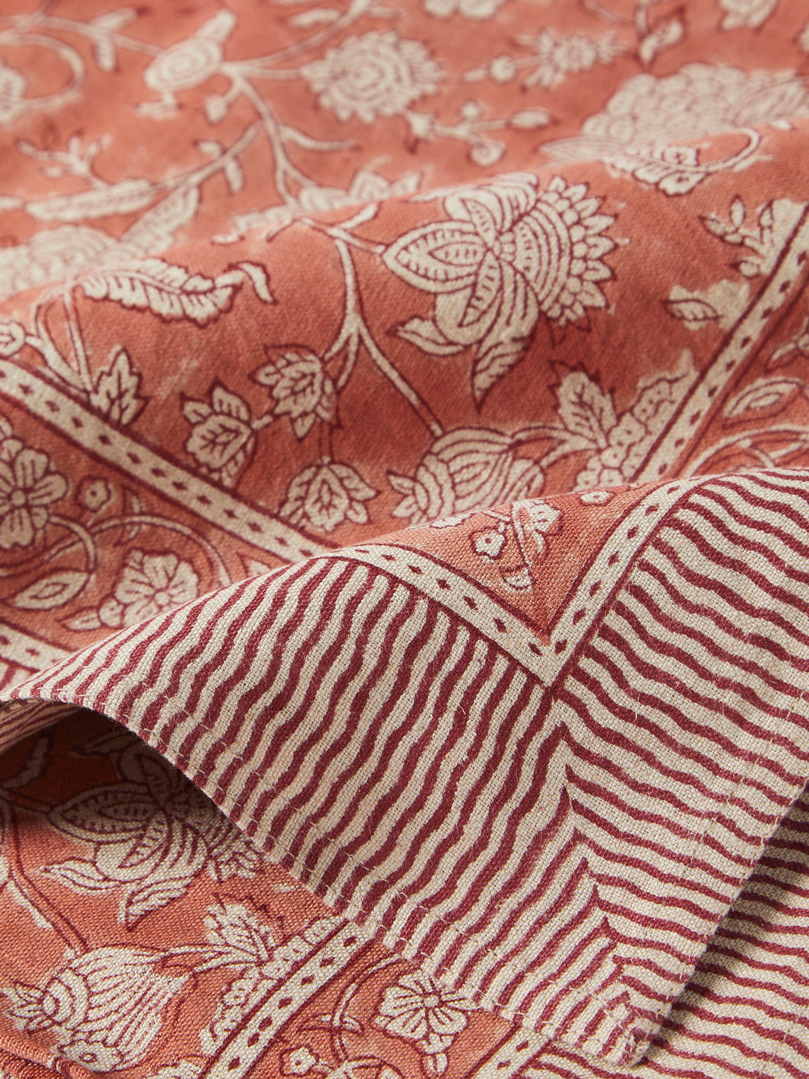 Chamois - Indian Rose Block-Printed Linen Rectangular Tablecloth (90.5in/2.3m) - Red - ABASK
