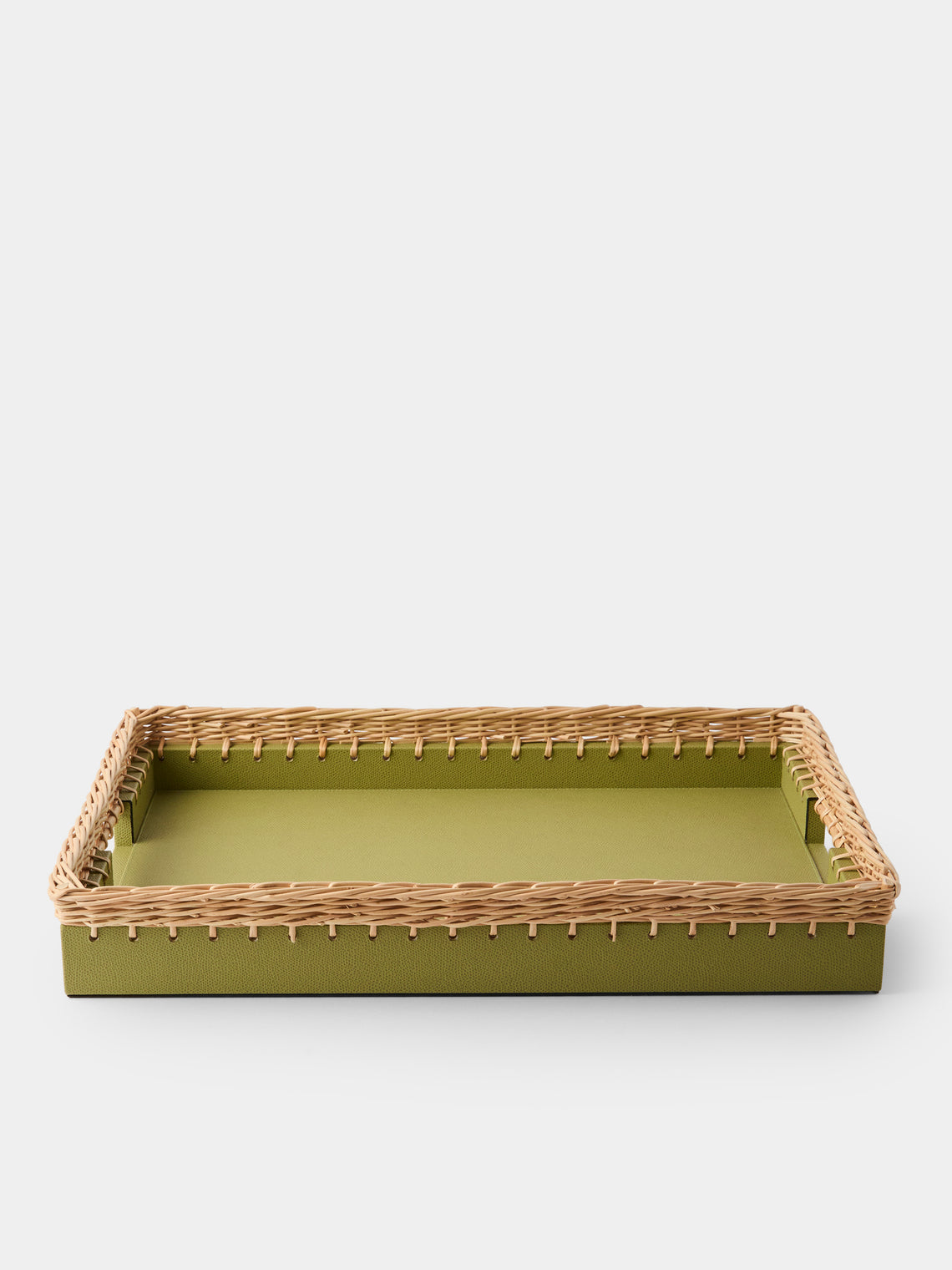 Pigment France - Giverny Leather and Rattan Tray (19in/49cm) - Green - ABASK