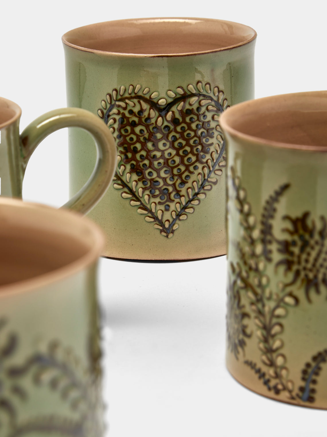 Poterie d’Évires - Flowers and Hearts Hand-Painted Ceramic Mugs (Set of 4) - Green - ABASK