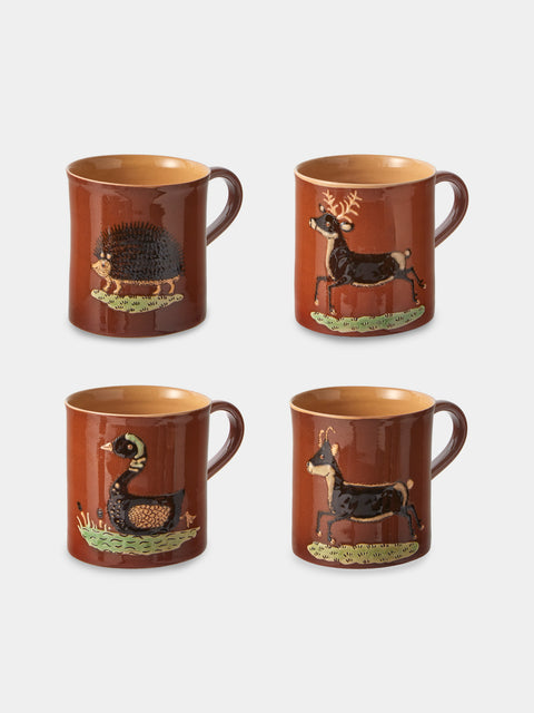 Poterie d’Évires - Animals Hand-Painted Ceramic Mugs (Set of 4) - Light Brown - ABASK - 