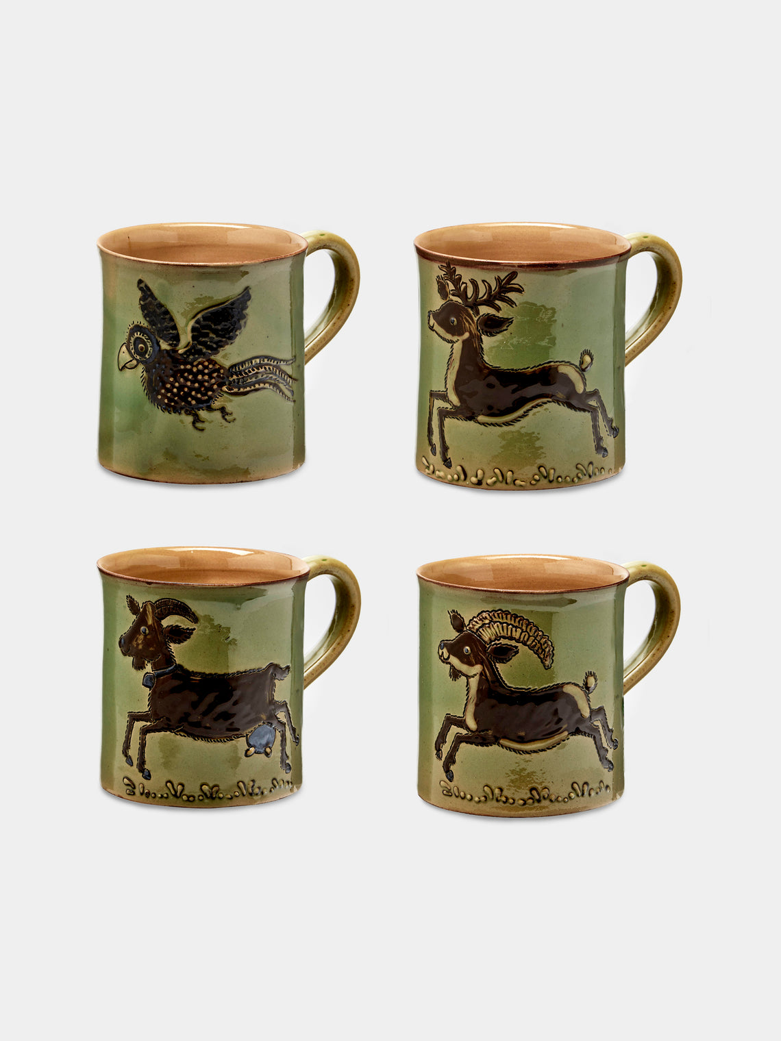 Poterie d’Évires - Animals Hand-Painted Ceramic Mugs (Set of 4) - Green - ABASK - 