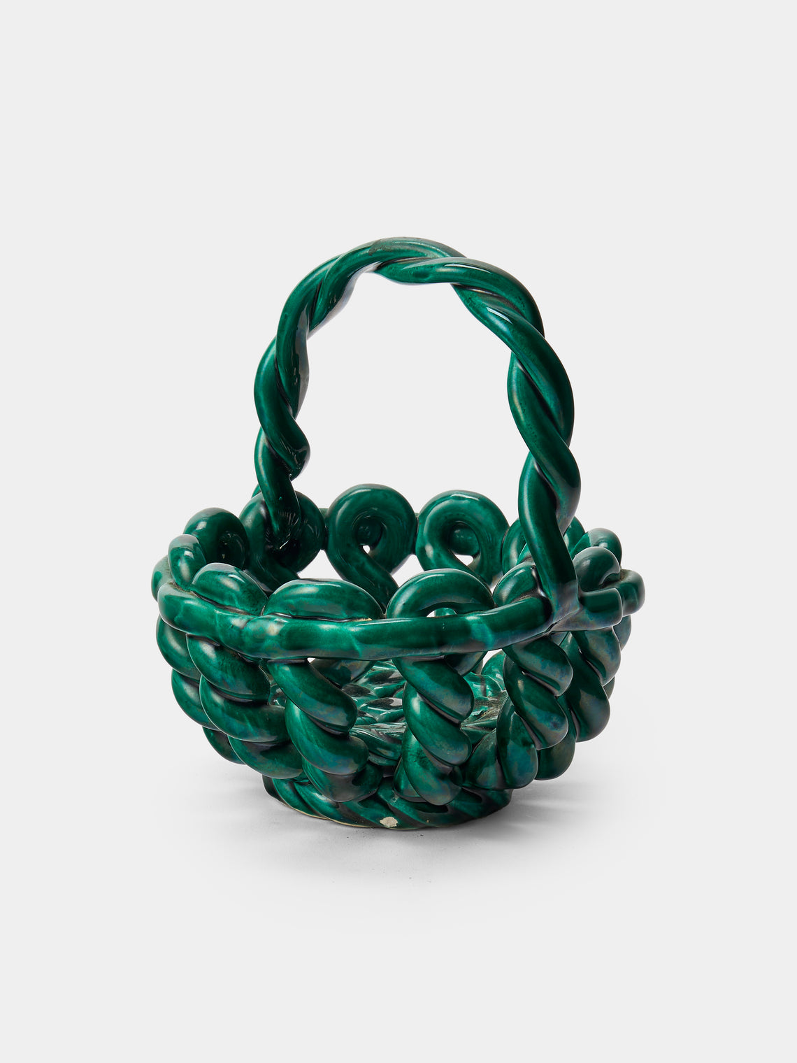 Antique and Vintage - Mid-Century Woven Ceramic Basket - Green - ABASK - 