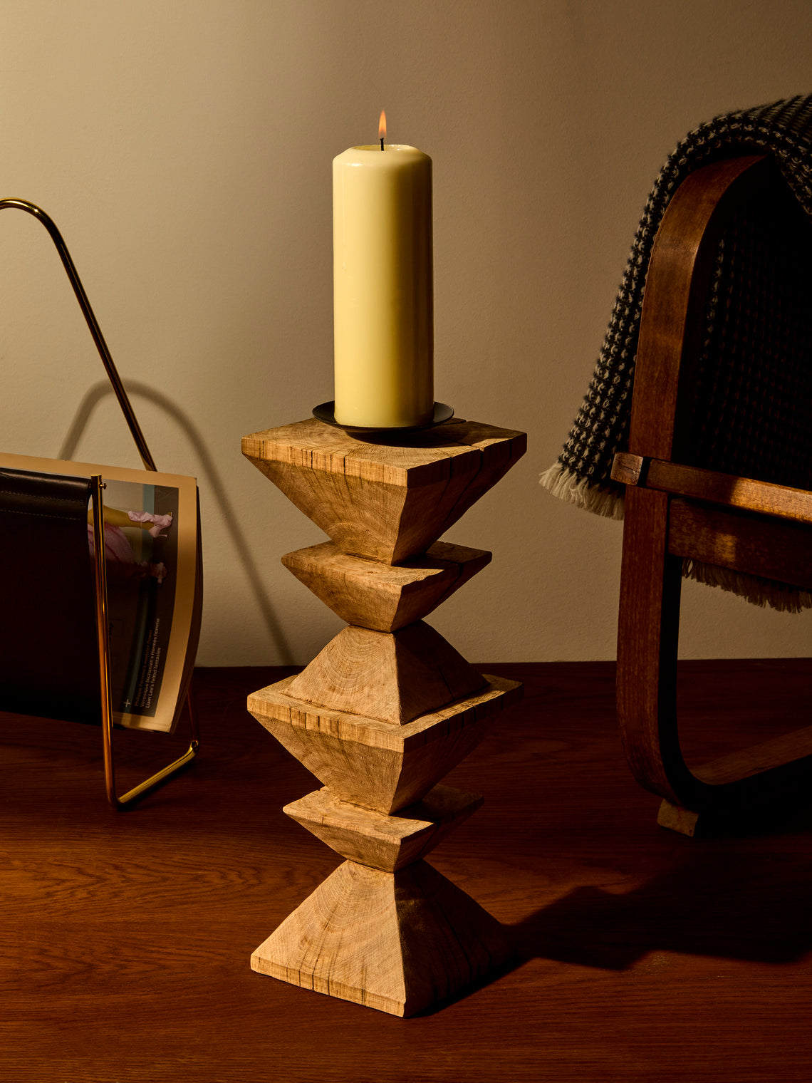 Jamie Gaunt Designs - Totem Hand-Carved Wood Candle Holder - Light Brown - ABASK
