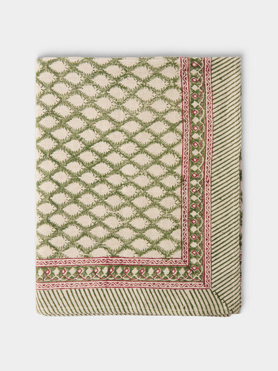 Chamois - Cypress Block-Printed Linen Rectangular Tablecloth (106in/2.7m) - Green - ABASK - 