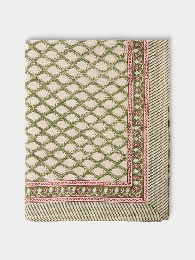 Chamois - Cypress Block-Printed Linen Rectangular Tablecloth (106in/2.7m) - Green - ABASK - 