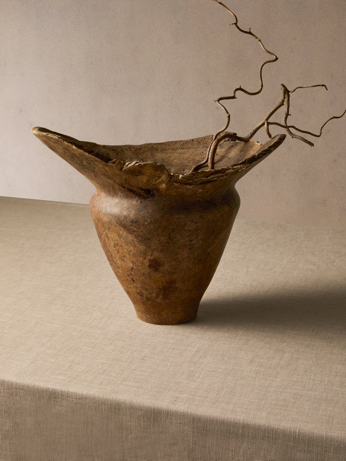 Iida Woodturning - Hand-Turned Earth-Finish Japanese Stone Oak Vase (15.5in/40cm) - Brown - ABASK