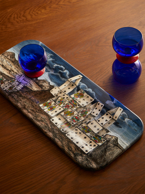 Fornasetti - Città di Carte Hand-Painted Wood Tray - Blue - ABASK