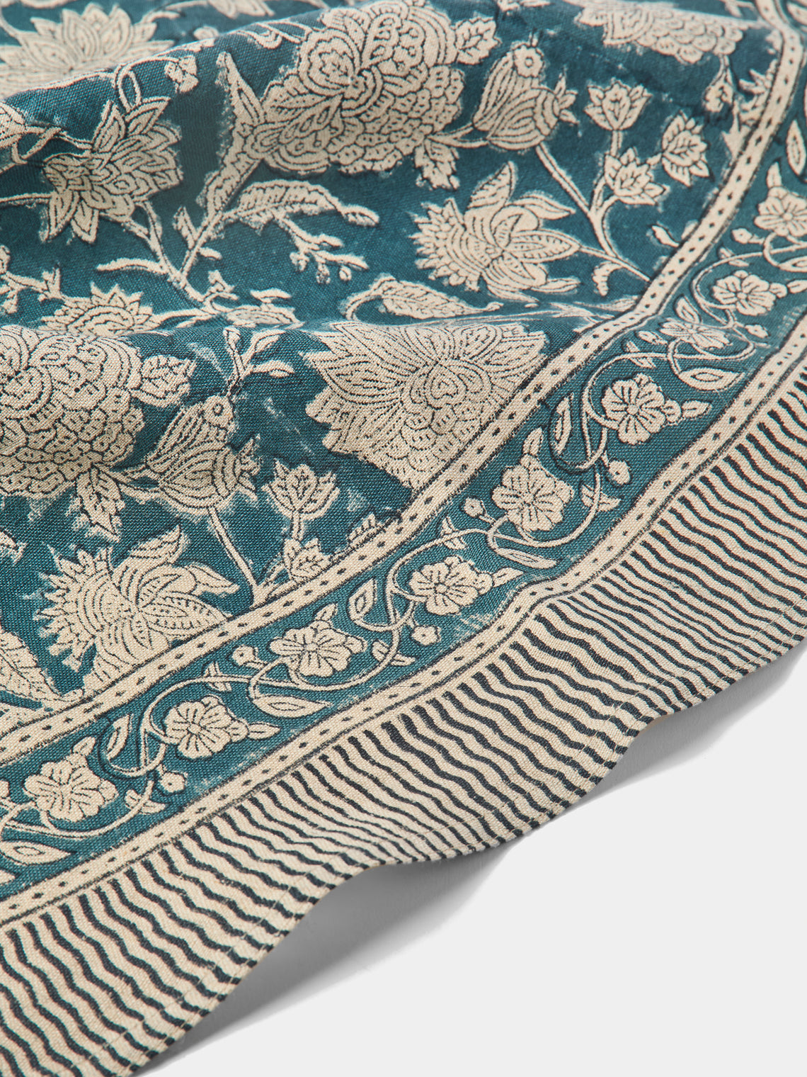 Chamois - Indian Rose Block-Printed Linen Round Tablecloth - Blue - ABASK