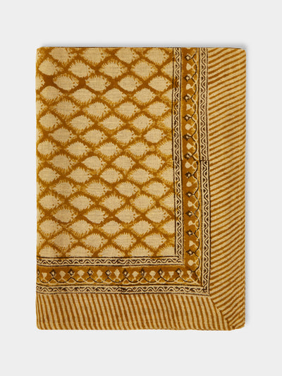 Chamois - Cypress Block-Printed Linen Rectangular Tablecloth (90.5in/2.3m) - Orange - ABASK - 