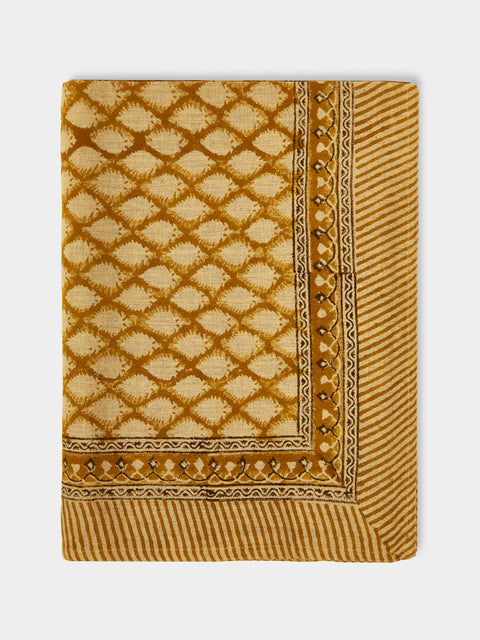 Chamois - Cypress Block-Printed Linen Rectangular Tablecloth (90.5in/2.3m) - Orange - ABASK - 