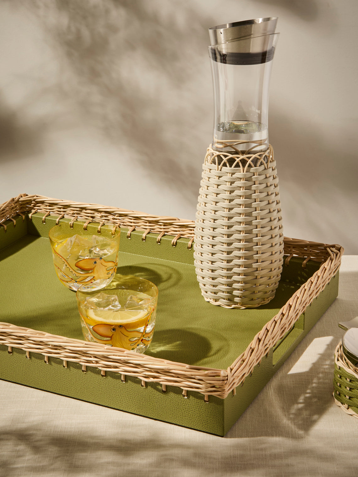 Pigment France - Giverny Leather and Rattan Tray (19in/49cm) - Green - ABASK
