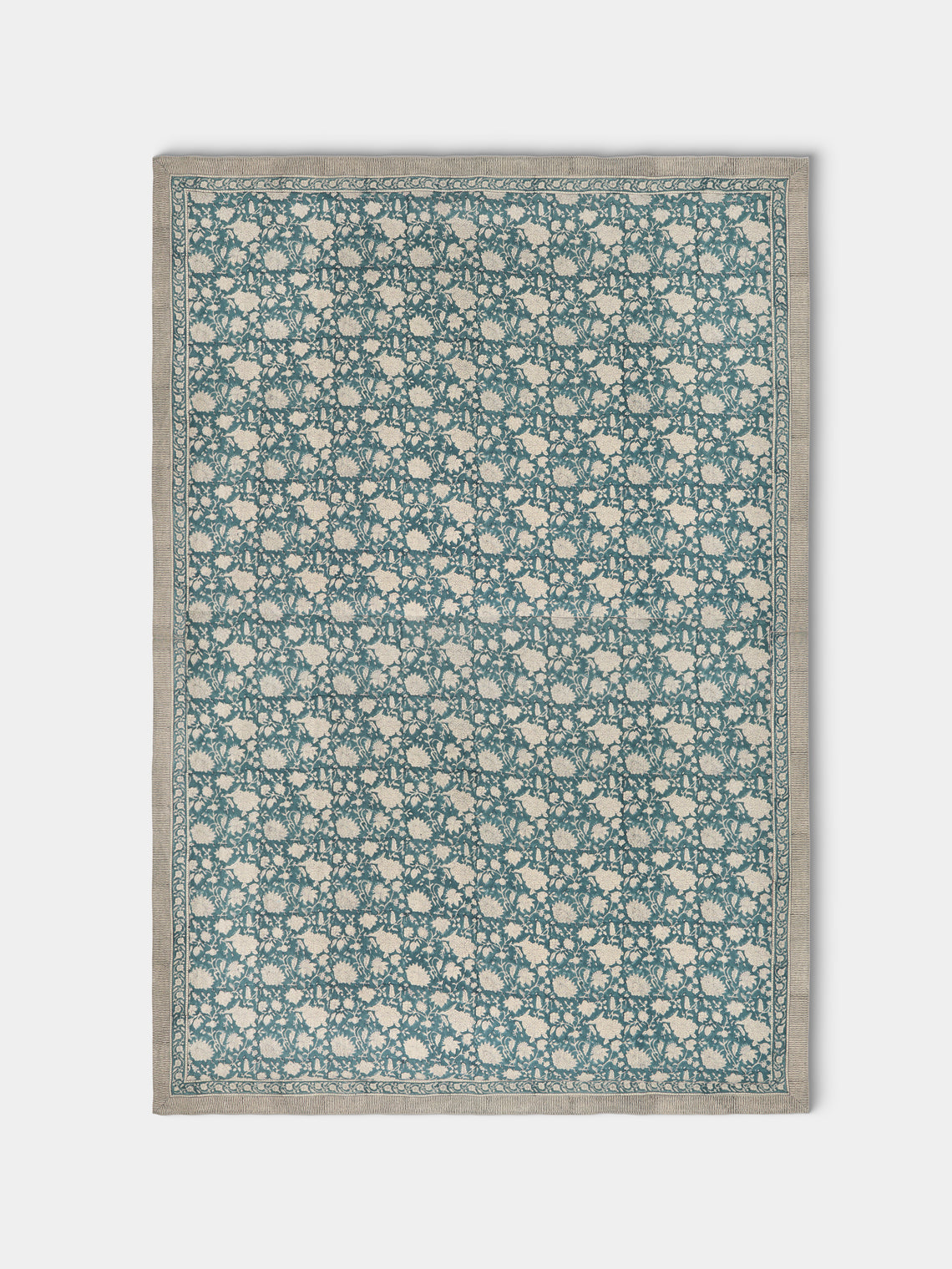 Chamois - Indian Rose Block-Printed Linen Extra Large Rectangular Tablecloth - Blue - ABASK