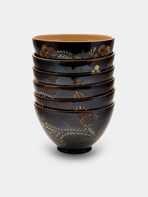 Poterie d’Évires - Flowers Hand-Painted Ceramic Bowls (Set of 6) - Dark brown - ABASK - 
