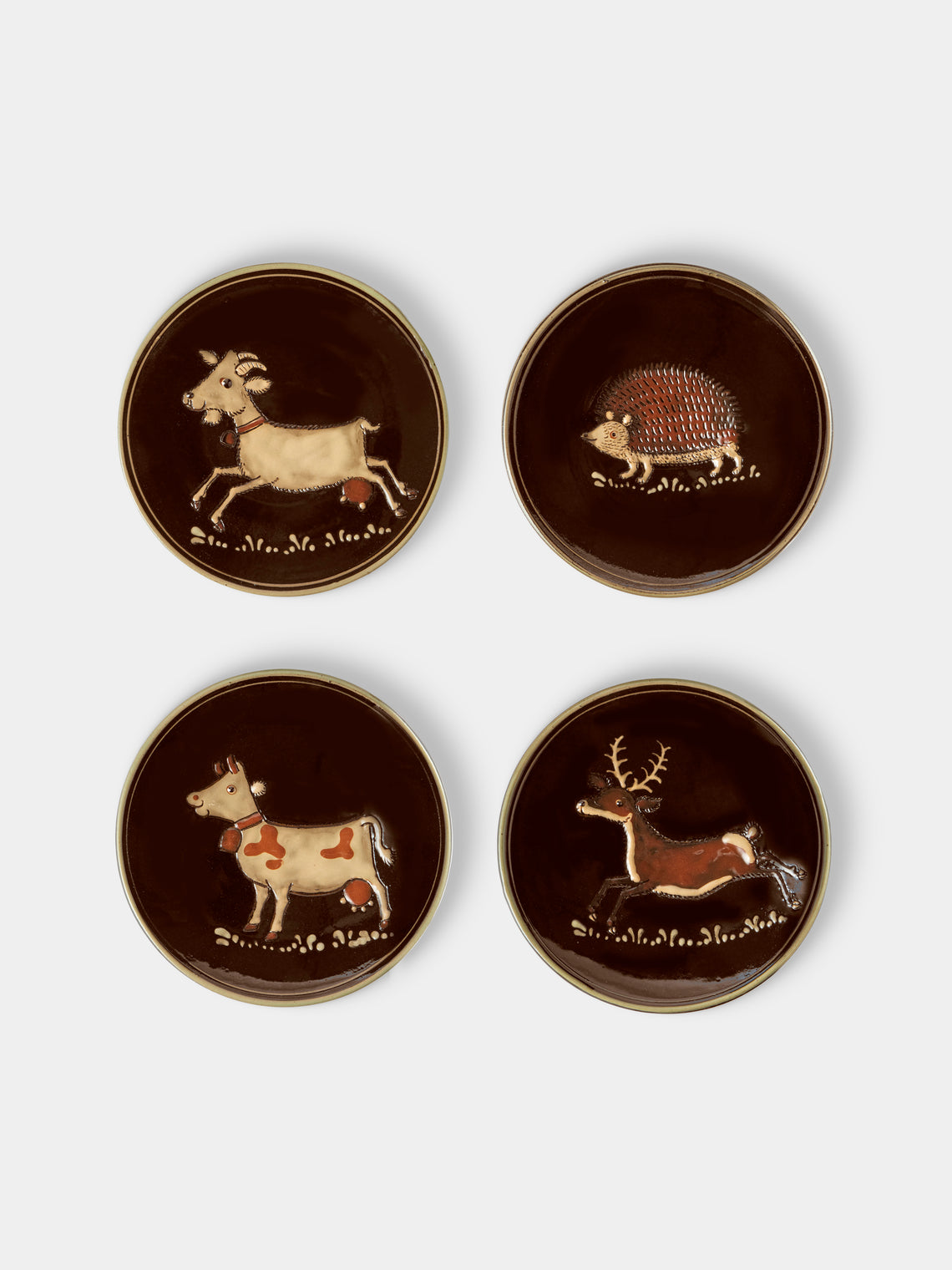 Poterie d’Évires - Animals Hand-Painted Ceramic Plates – 5.5in/14cm (Set of 4) - Dark Brown - ABASK - 