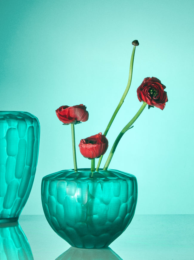 Micheluzzi Glass - Goccia Acqua Bamboo Hand-Blown Murano Glass Vase (7in/18cm) - Blue - ABASK