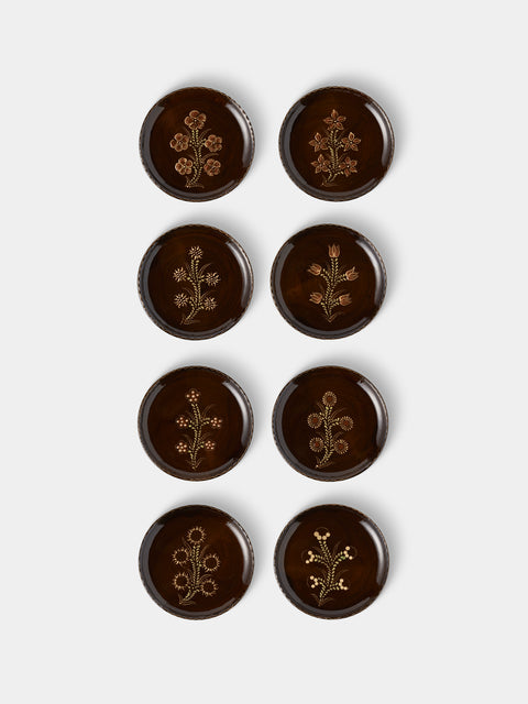 Poterie d’Évires - Flowers Hand-Painted Ceramic Plates – 9.5in/24cm (Set of 8) - Dark brown - ABASK - 