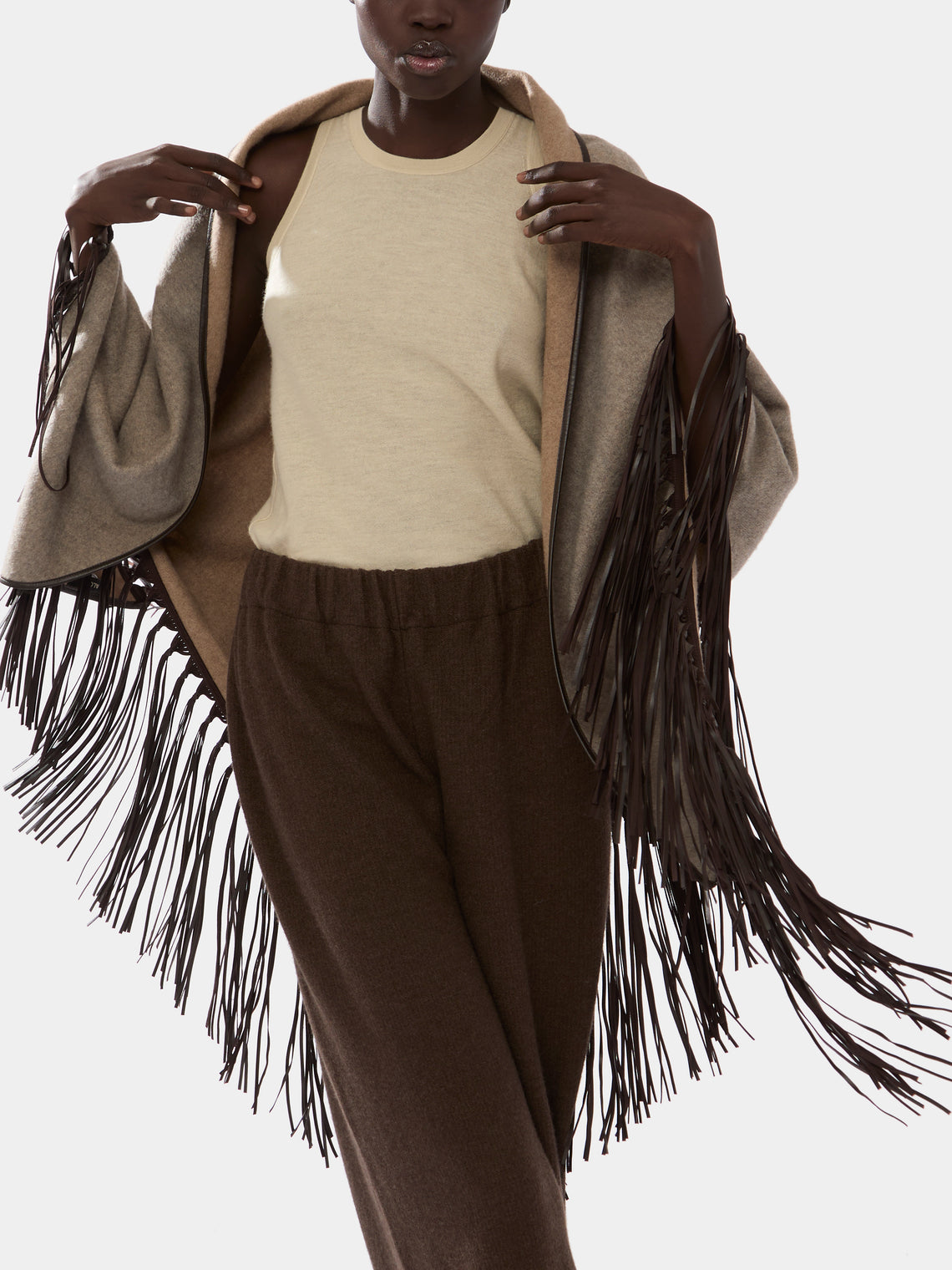 Women's Double-Faced Cashmere Long Shawl with Leather Fringing | One Size